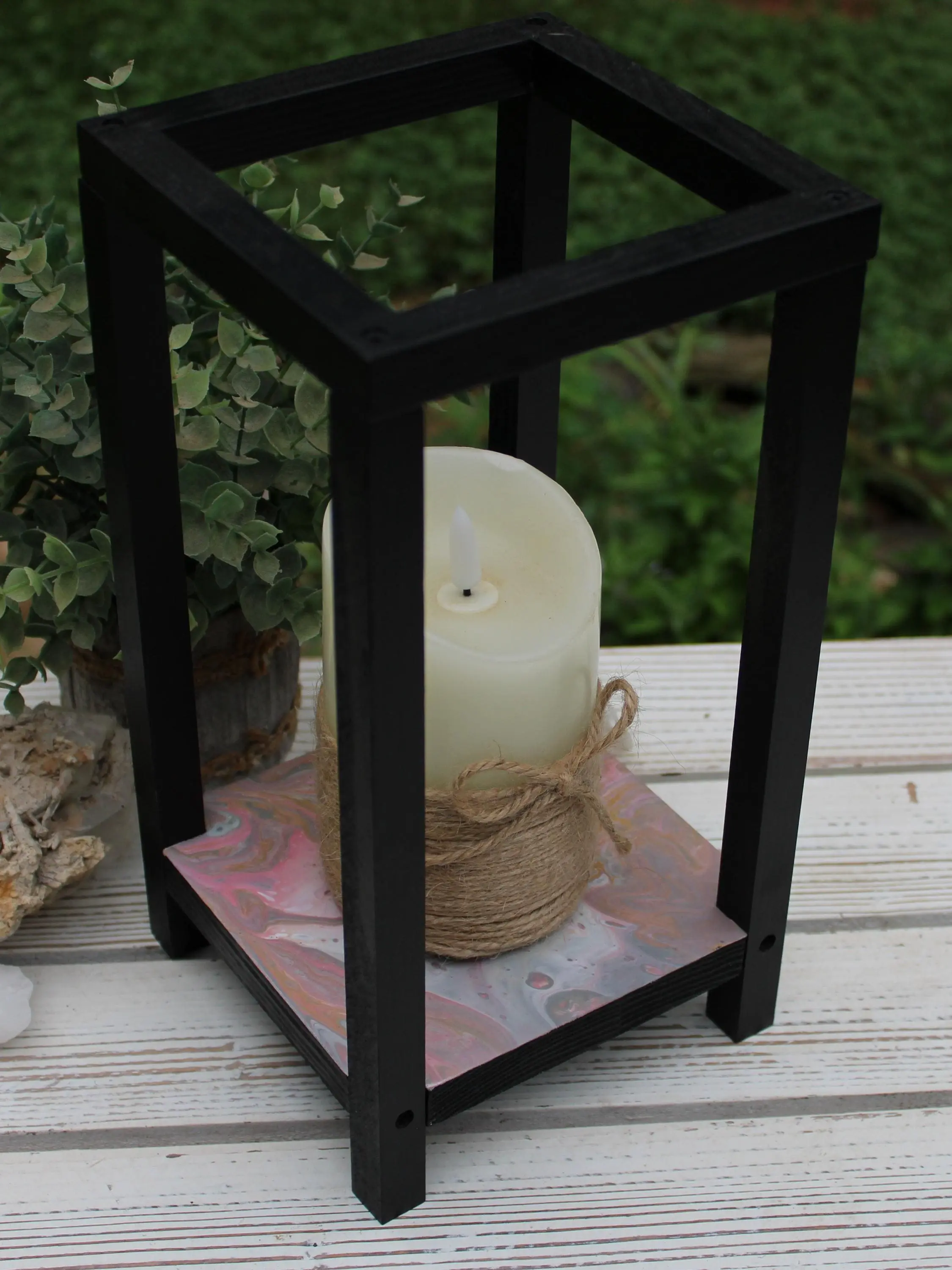 Candle Holder Hand Painted , Lantern Wood with Acrylic Paint 10.5" x 5" x 5"