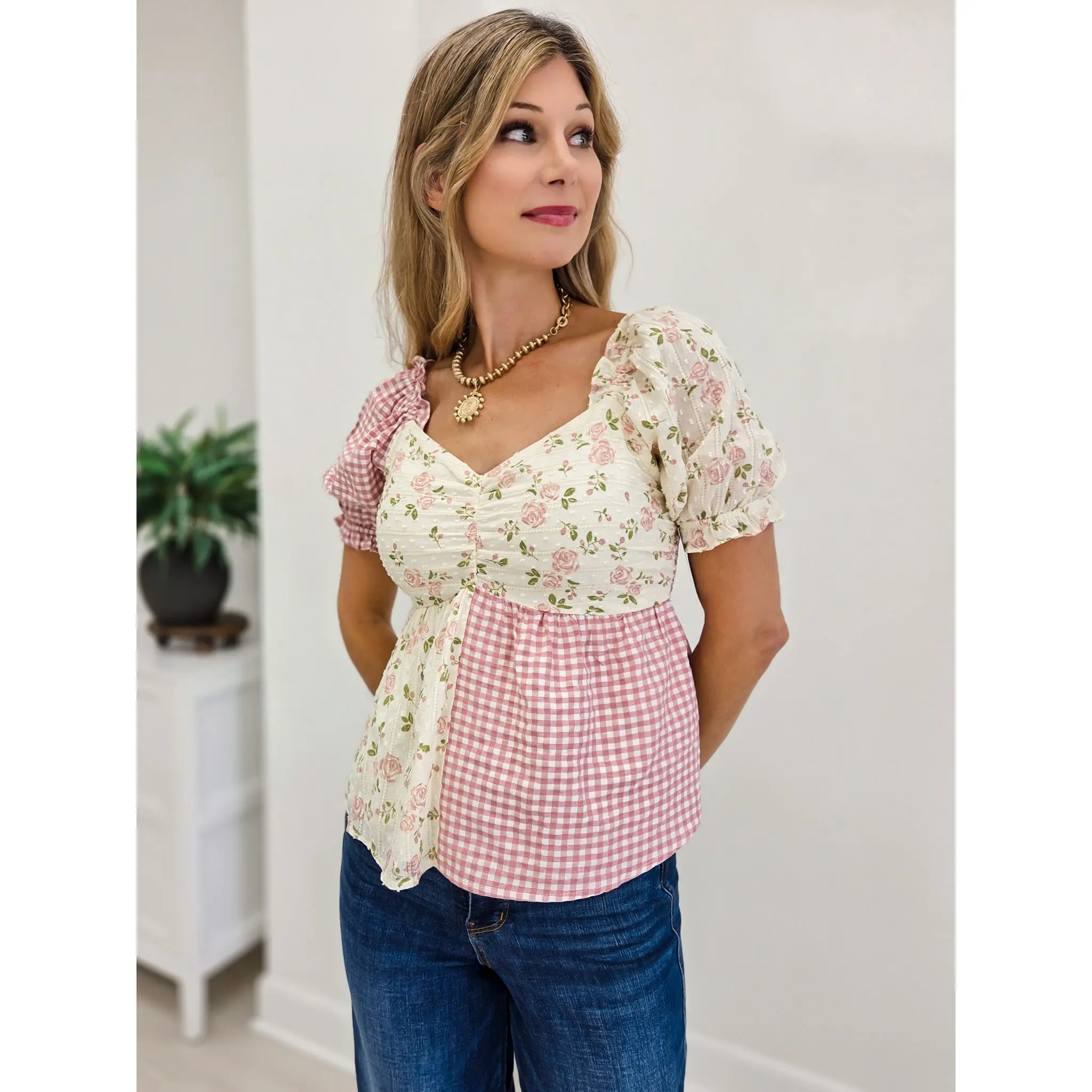 Rose Floral Gingham Sweetheart Babydoll Blouse