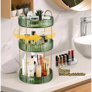 360 °   Rotating Round Metal Makeup Tool Organizer, Collapsible Stackable Vanity Shelf with Bonus 12-Slot Lipstick Holder, Collapsible Storage Bin for Makeup, Perfume, Skincare, Storage Organization for Bathroom, Birthday Gift for Girlfriend