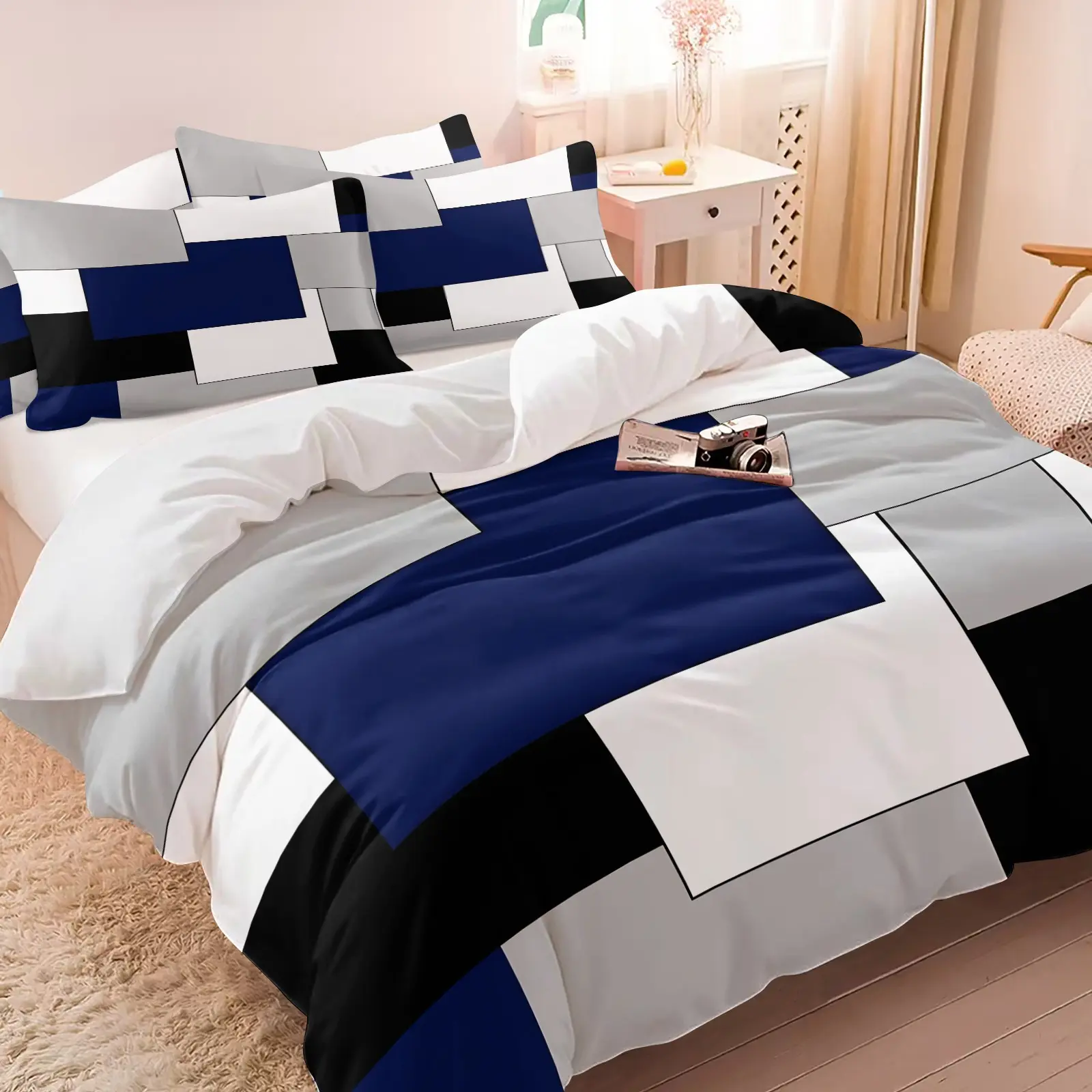 Mondrian Style Geometric Patchwork Duvet Cover Set, 1 Duvet Cover and 1-2 Coreless Pillowcases, Blue White Grey Black Blocks, Soft Modern Minimalist Scandinavian Style Bedroom Decor, Gift Idea