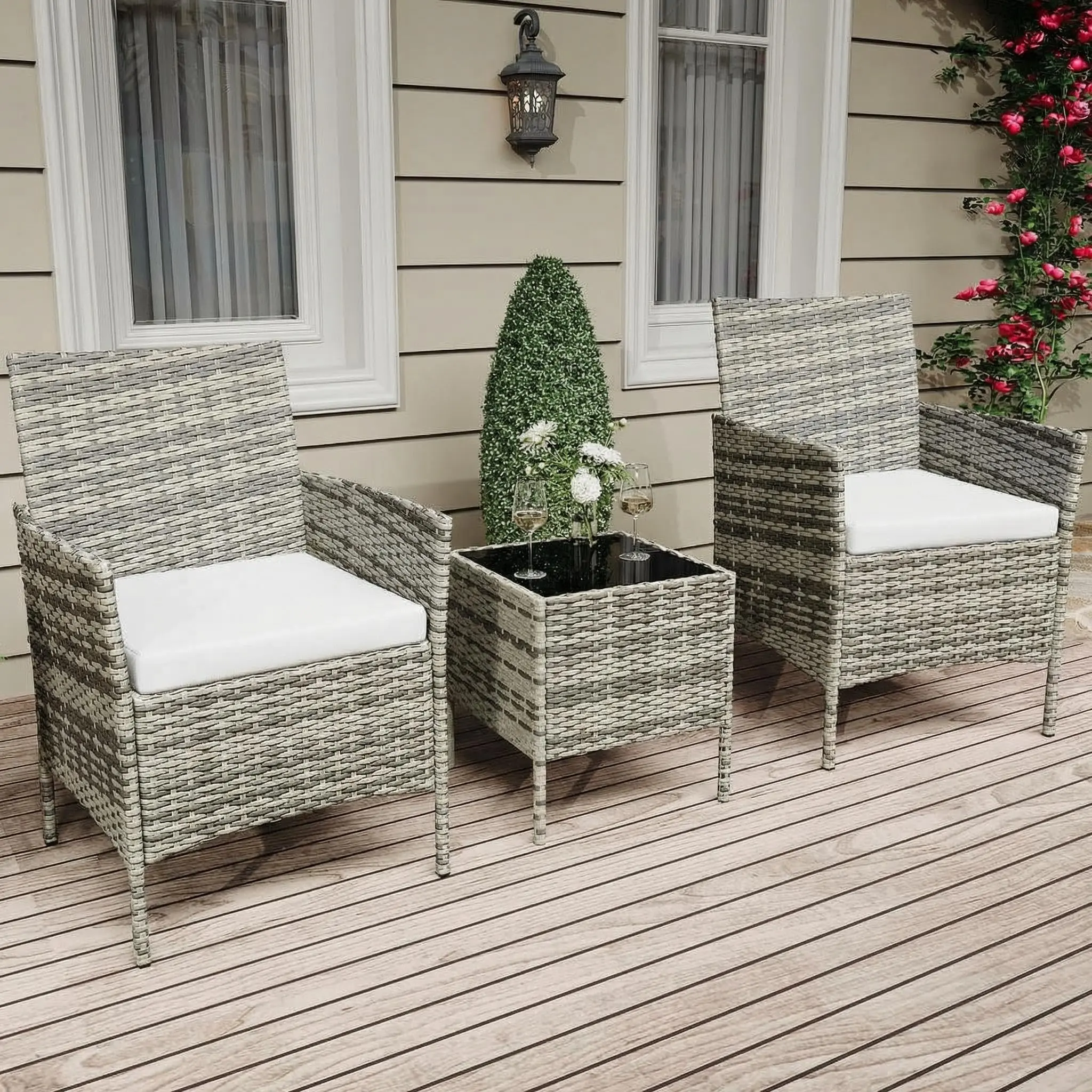 Gaomon 3-Piece Modern Rattan Bistro Set, Weather-Resistant Wicker Outdoor Furniture with Tempered Glass Table, Durable Sturdy Construction, Assembly Required for Backyard, Outdoor Patio, Grey & Beige Modern Patio Set