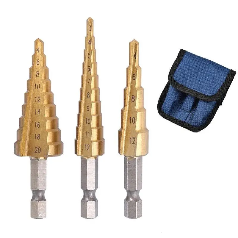 HSS Straight Groove Step Drill Bit Set, Multifunctional Titanium Coated Hex Shank Hole Cutter, Multipurpose Core Drill Bit Set