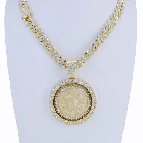 Golden Rotating Chain, Mexican Coin Pattern, Cz Stone Pendant, Elegant Exquisite Unisex Jewelry Gift, All Seasons Fashion Accessory, Cubic Zirconia Necklaces, Decorative Necklace