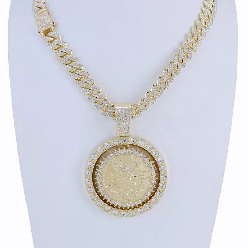 Golden Rotating Chain, Mexican Coin Pattern, Cz Stone Pendant, Elegant Exquisite Unisex Jewelry Gift, All Seasons Fashion Accessory, Cubic Zirconia Necklaces, Decorative Necklace