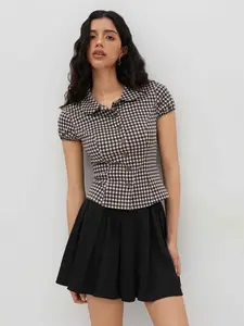 Cider Women's Gingham Blouse with Peter Pan Collar, Button Closure, and Puff Sleeves