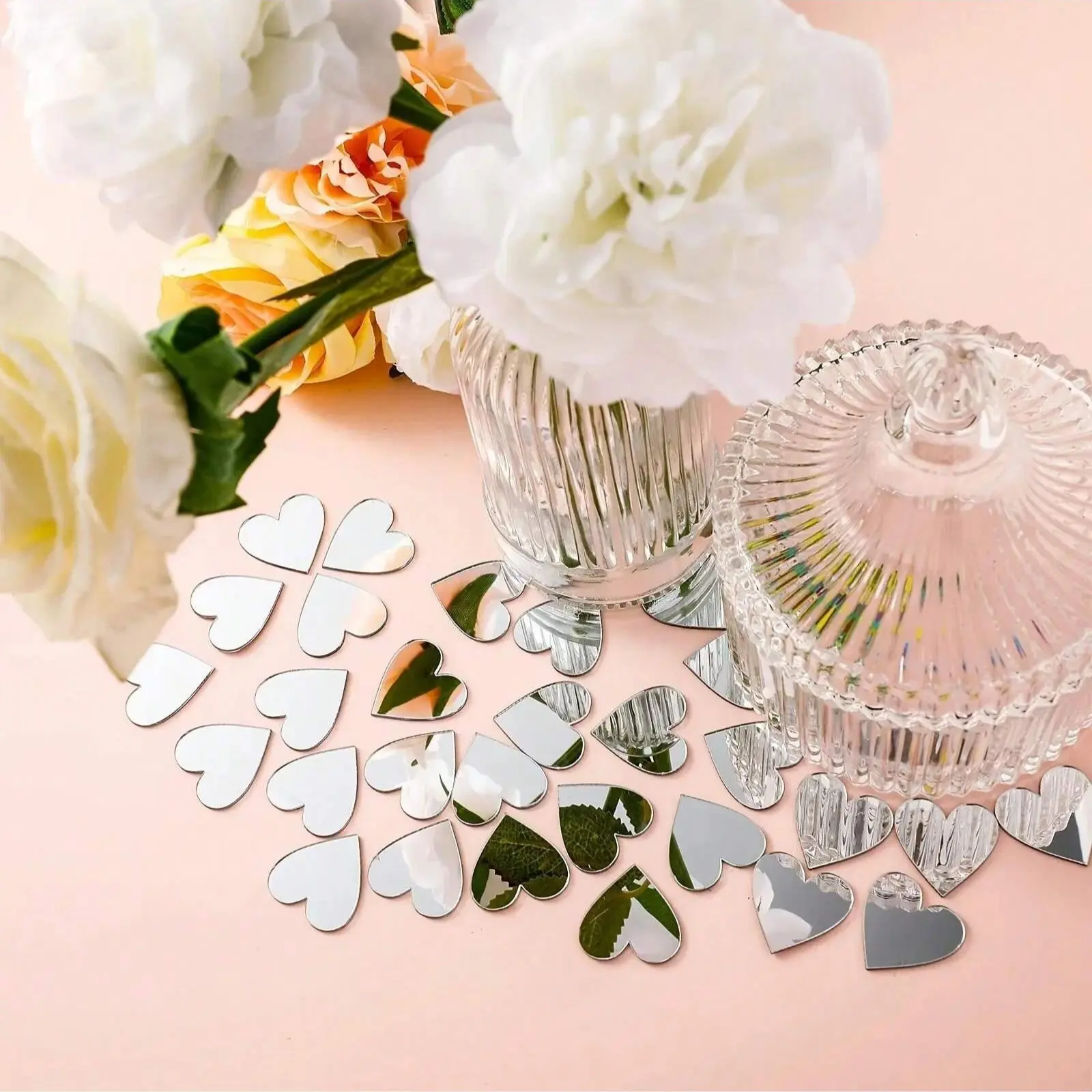 100pcs Heart Mirror Stickers, Bathroom Living Room Bedroom Wall Decals, DIY Combination Heart Mirror Wall Stickers