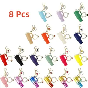 8 Mini Glass Cup Keychains for Stanley Cups, Lip Balm Holder Keychain, Glass Design, 1.18 X 3.74 Cm, Fits Handbags, Holds 3 Items
