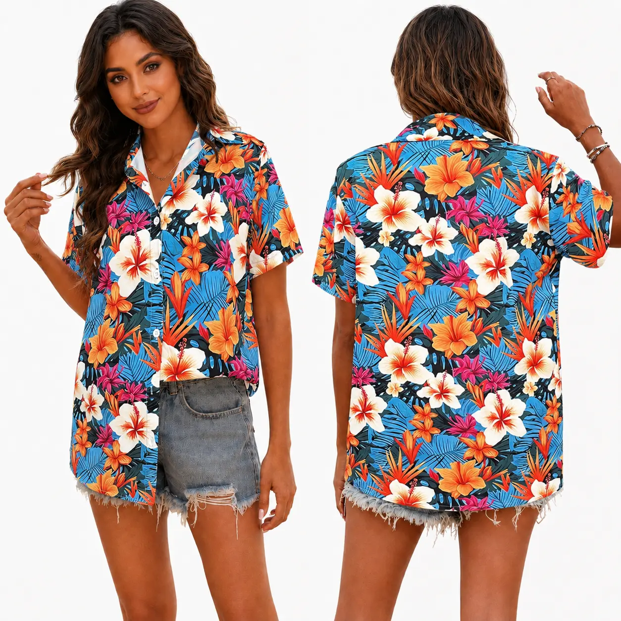 Women's Hawaiian Aloha Shirt, Tropical Hibiscus Floral Print Button Down Shirt for Women, Short Sleeve Beach Vacation Blouse, Casual Summer Island Camp Shirt, Loose Fit Resort Wear, Holiday Cruise Outfit, 2XS-6XL