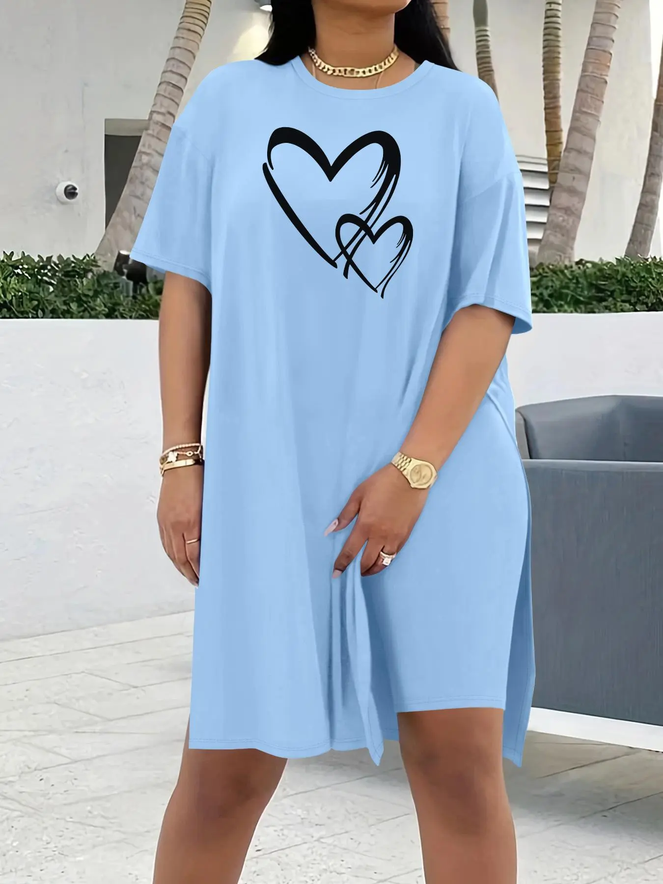 Two-Piece Set Women's Heart Print Love Tee & Plain Curved Hem Long Dress, Casual Fashion Cozy Round Neck Fitted Short Sleeve T-Shirt & Dress for Everyday Outdoor Wear, Ladies Summer Clothes, Casual Daily Outfit, Casual Chic Fitted, Womenswear