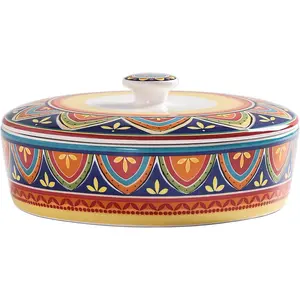 Tunisian Ceramic Tortilla Warmer, 8.9 Inch Tortilla Holder with Lid for Taco Bread Pancake for Mexican Night and Party, Microwave and Dishwasher Safe