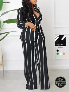 YEWEI INC European and American women's printed striped shirt suit two-piece long sleeve loose straight trousers