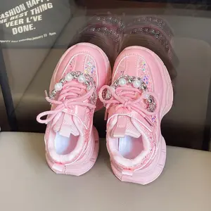 NewGirls' Sparkly Pink Sneakers - with Pearl-like Accents, Closure, Cushioned EVA Insole - Soft PU Upper & Outsole - Non-Sole Toddler, Kids, School, Parties - Easy-On/Shut - Cute Girls' Shoes, Shoes Girls, Kids Party Footwear, Embellished