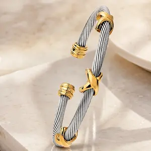 Two-Tone Twisted Cable Wire Cuff Bracelet Stainless Steel Stackable Open Bangle with Gold Accents for Women Daily Wear Gift