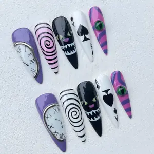 Cheshire Cat Halloween Nails Alice in Wonderland Inspired Press On Nail Set Clock Eye Spade Swirl Design