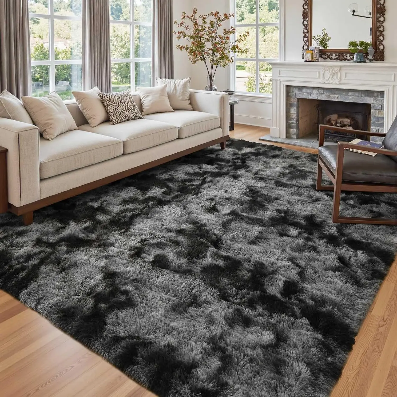 Dark Grey 6x9 Ft Large Shag Rug - Ultra Soft Fluffy Tie-Dyed Area Rug for Living Room Decor, Bedroom Indoor Floor Use (Kids Home Aesthetic Carpet)