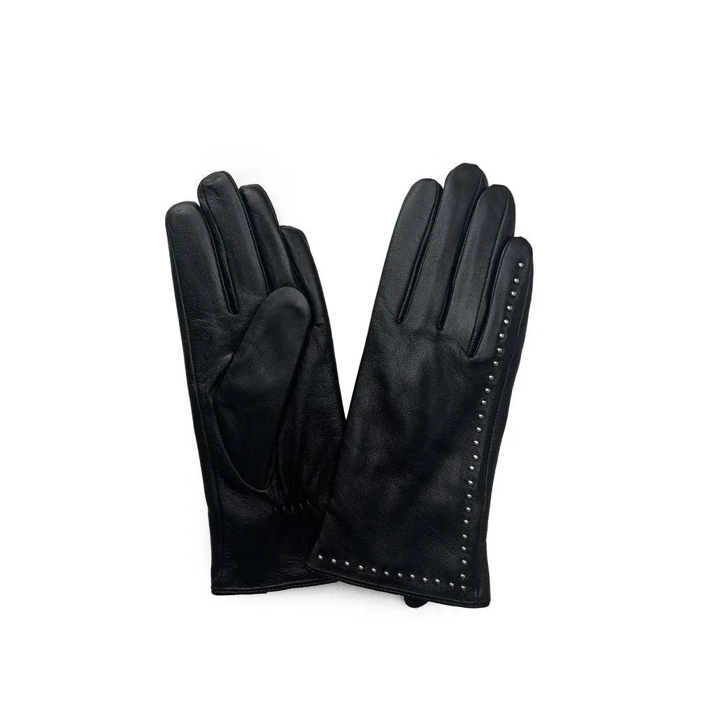 Women's 100% Genuine Leather Gloves with Silver Stud Detailing - Ultra-Soft and Sophisticated with Polyester Lining, 100% Genuine Leather Women's Gloves