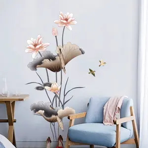 Chinese Style Lotus Flower Wallpaper Self-adhesive Living Room Decor Sofa Background Decoration Wall Stickers Decorative Waterproof Ornaments