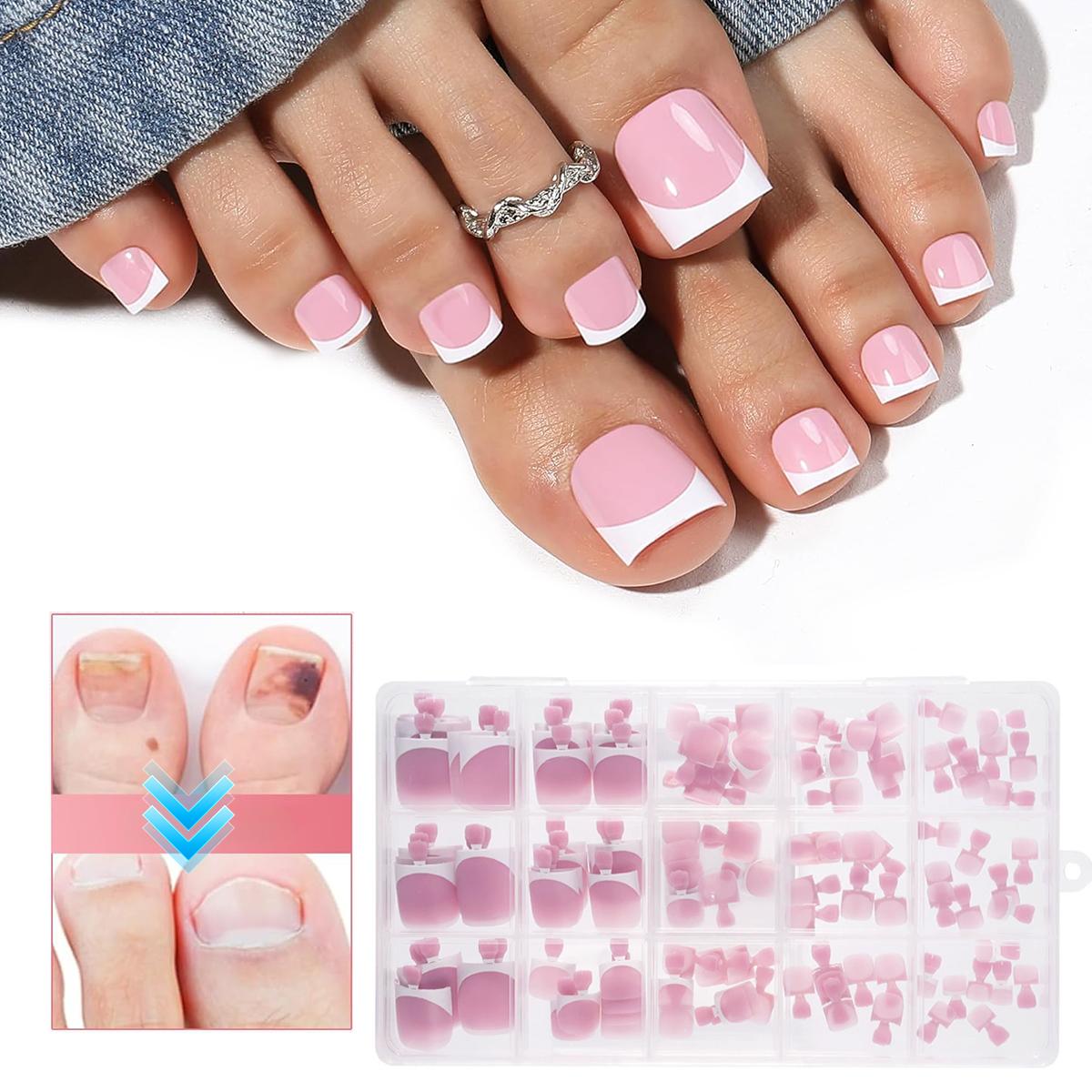 French Toe Nail Press Ons, Pre-Etched 15 Sizes 150Pcs, Sharp Square X-Soft Pink False Toenails, Soft Gel Full Cover Fake Toes for DIY Salon Pedicure & Nail Extensions