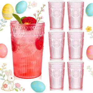 12 Pack Romantic Plastic Water Glasses - 14 Oz   Drinking Glasses, Embossed Ribbed Plastic Cups, Textured Striped Set for Juice, Beverages, ,  & Easter