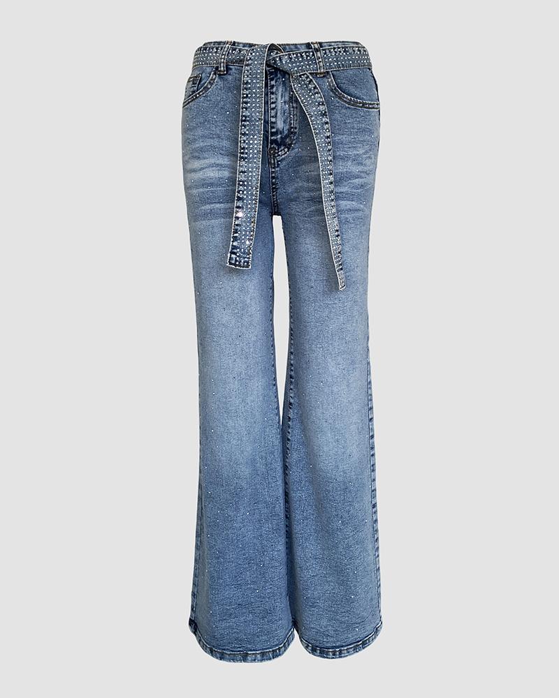 ChicMe Women's Allover Rhinestone Decor High Waist Zipper Fly Jeans Casual Wide Leg Loose Fit Denim Pants with Rhinestone Decor Belt Blue Bottom ChicMe Women's Allover Rhinestone Decor High Waist Zipper Fly Jeans Casual Wide Leg Loose Fit Denim Pants with Rhinestone Decor Belt Blue Bottom
