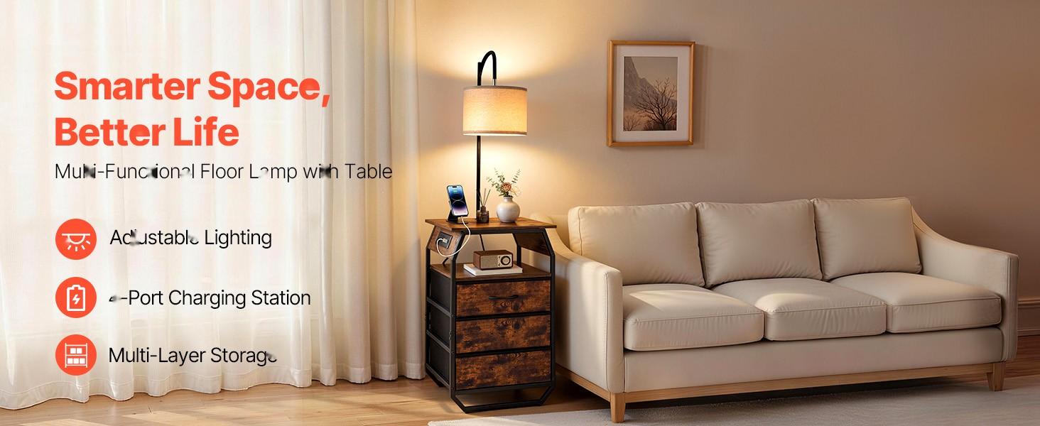 Floor Lamp With Table, 2-Tier End Table With 3 Drawers And 3 Color Temperature Lighting, Modern Nightstand And Bedside Desk With USB, Type-C And AC Charging Port For Living Room, Bedroom Or Dorm