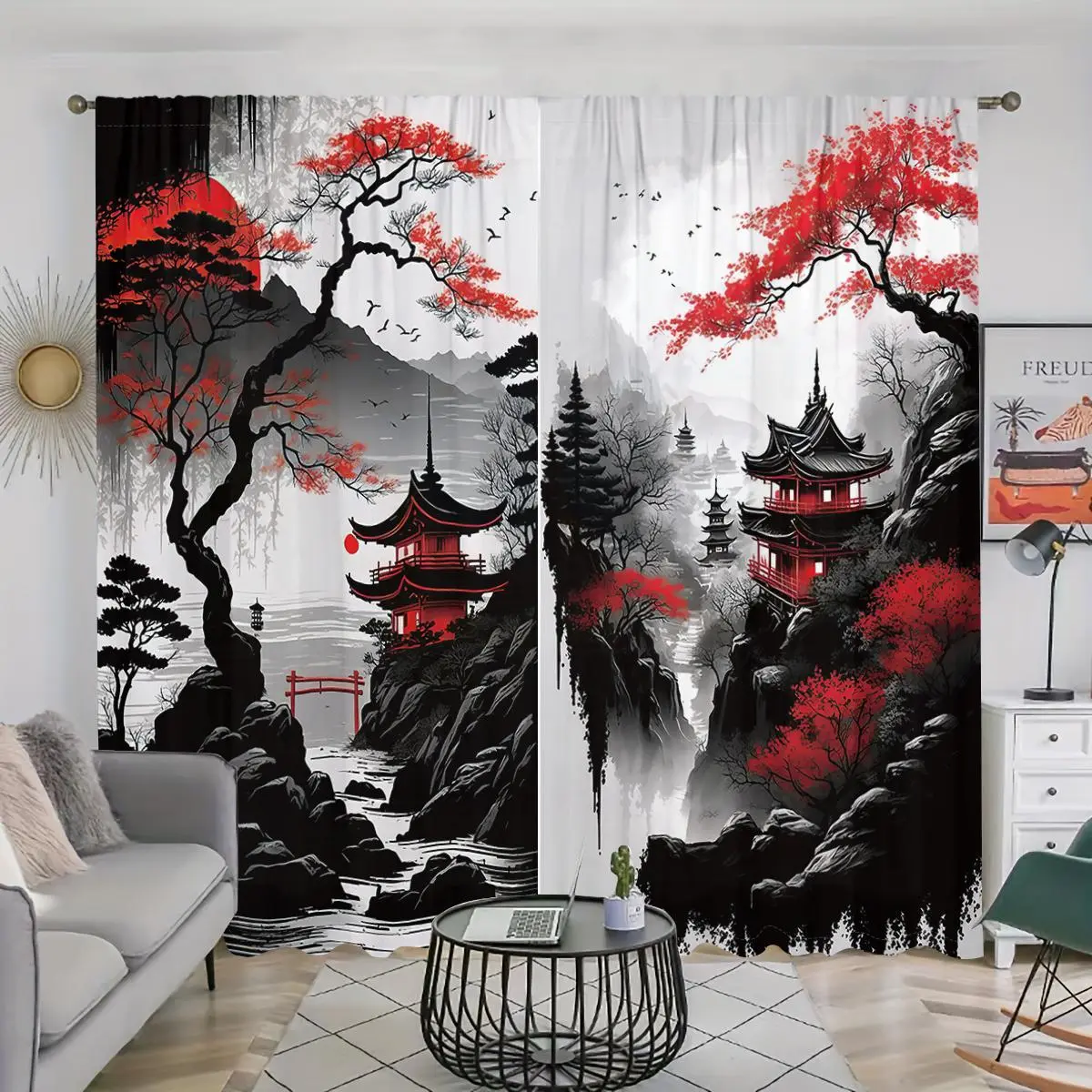 Landscape Pattern Home Decorative Curtain, 2 Counts/set Pole Pocket Design Window Drapes, Home Decor for Living Room Bedroom Kitchen Study Room, Home Decoration Curtain