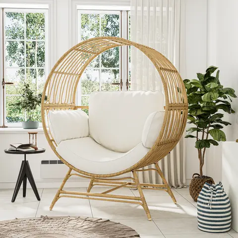 RIWENGO Rattan Wicker Egg Chair, Egg Basket Lounge Chair with 4 Cushions, Oversized Indoor and Outdoor Lounger Chair for Patio & Living Room, Steel Frame, 330lbs Capacity Outdoor Rattan Swing Hanging Egg Chair