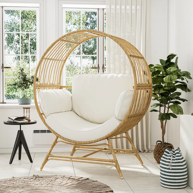 RIWENGO Rattan Wicker Egg Chair, Egg Basket Lounge Chair with 4 Cushions, Oversized Indoor and Outdoor Lounger Chair for Patio & Living Room, Steel Frame, 330lbs Capacity Outdoor Rattan Swing Hanging Egg Chair