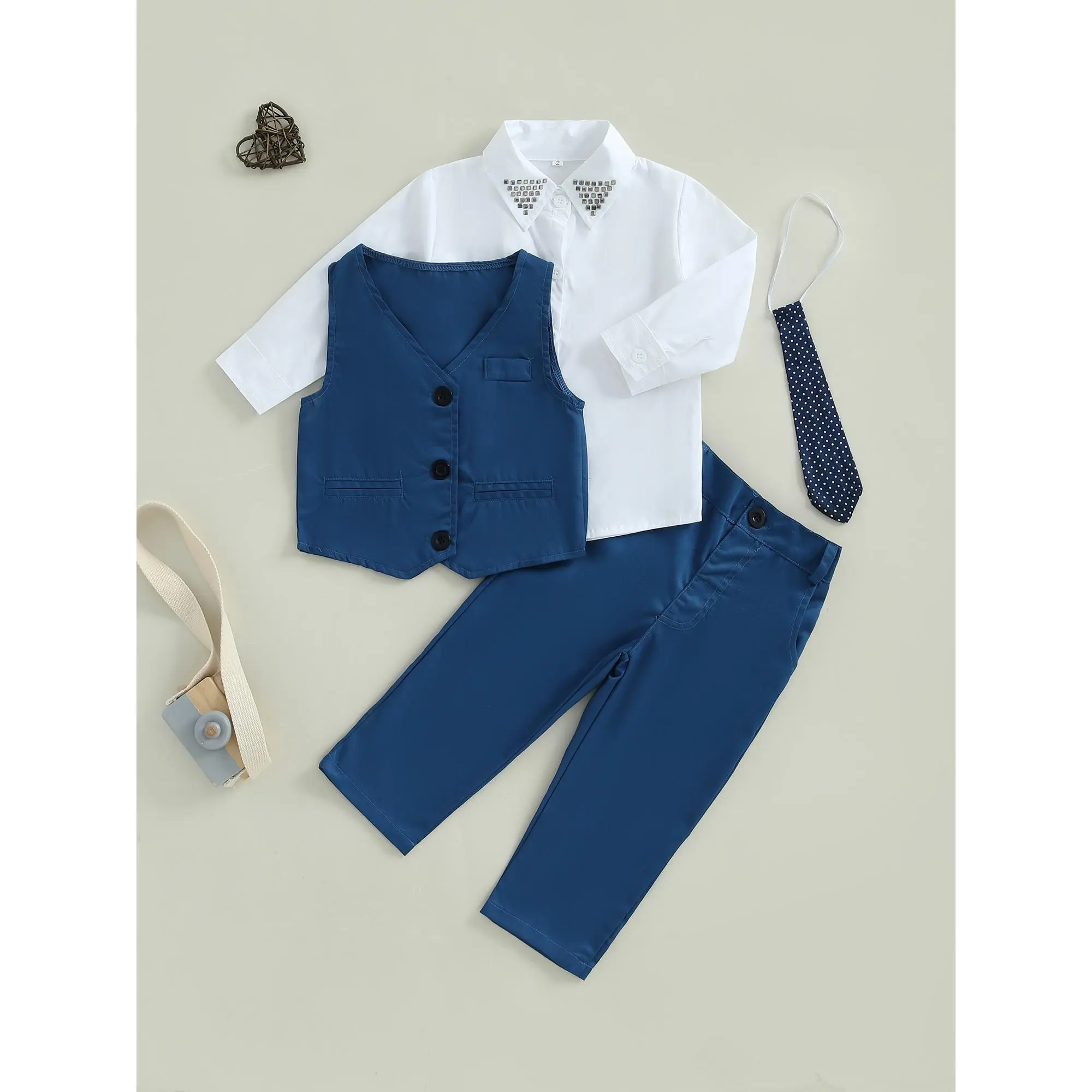 Baby Boys Gentleman Suits, Tuxedo Waistcoat + Tie + Shirt + Pants Outfits, Long Sleeve Tops Trousers Sets