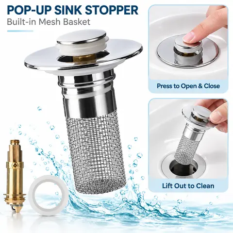 3½" Modern Rustproof Stainless Steel Mesh Tub Drain Stopper Kit - Bouncing Core, Brass Pop-Up Plug, High-Pressure Handheld Shower Head for Bathrooms, Clog Prevention, Easy Installation, Water+Filter+Odor Control Bathroom Gadget (Kitchen Tool Compatible)