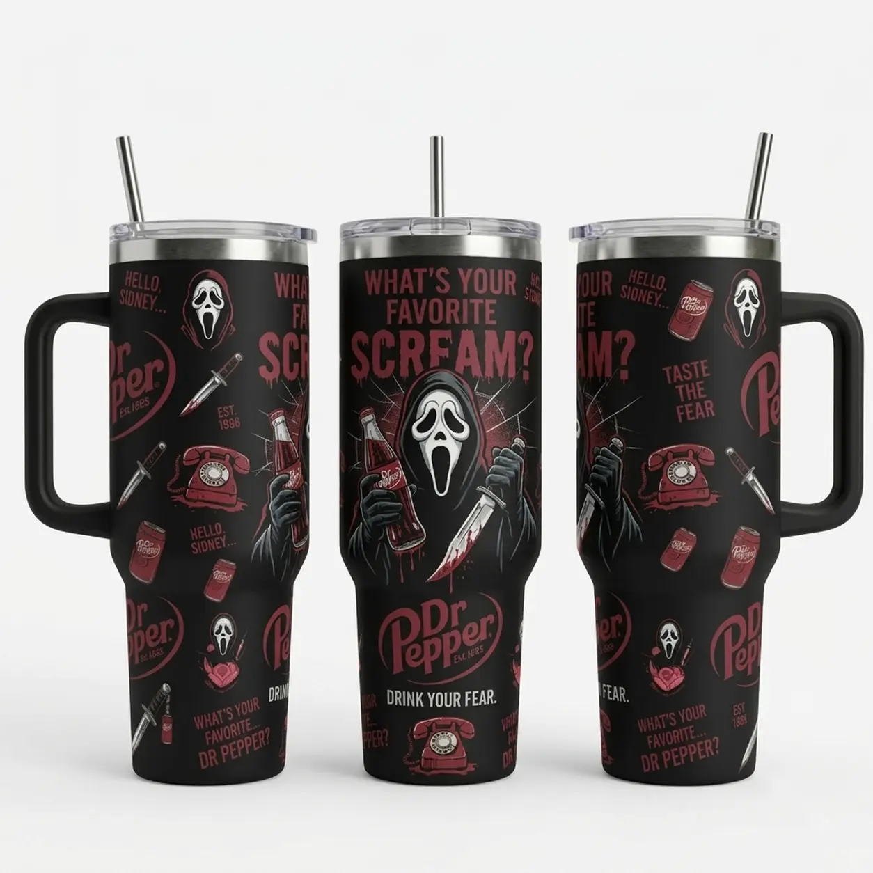 Ghostface Tumbler 40oz with Handle V2 Scream Horror Movie Travel Mug Stainless Steel Insulated Cup DrPepper Soda Fan Halloween Gift for Her