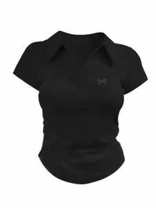 Summer New Style Bow Print V Neck Polo Shirt, Slim Fit Waist Cinch Curved Hem, American Retro Fashion, Casual Daily Wear Women's Short Sleeve Top Womenswear