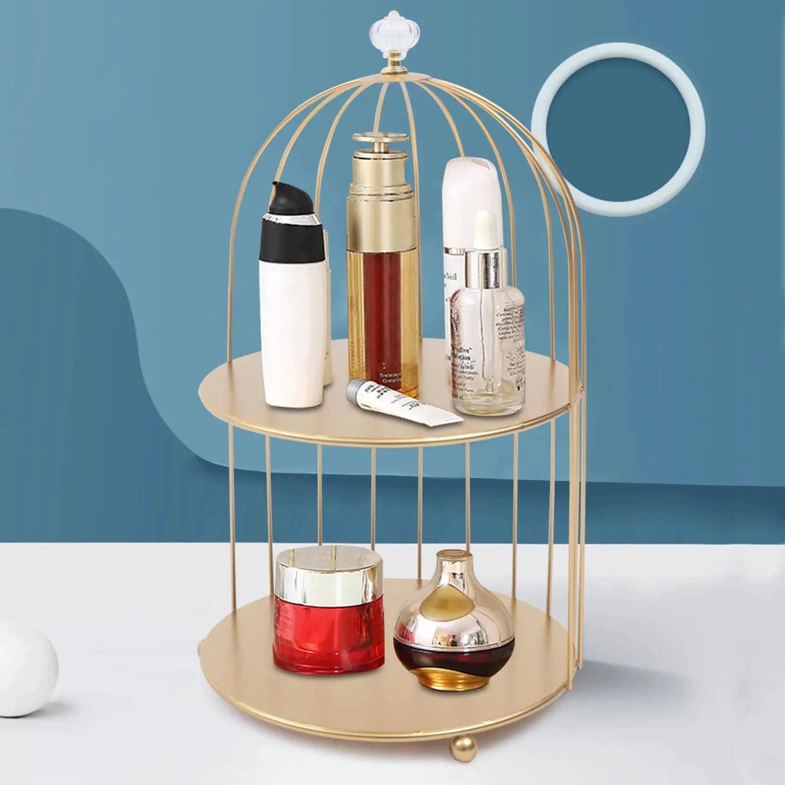 Vintage Birdcage Makeup Organizer – Gold, 2-Tier Storage Racks