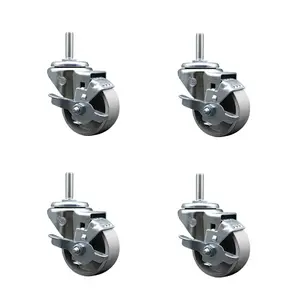 212 MAIN Service Caster SCC-TS20S315-SSR-TLB-34212-4 Semi Steel Cast Iron Swivel Threaded Stem Caster with Roller Bearing, Lockable 3x1.5 in. Silver Wheels, 0.75 in. Stems - Set of 4, Lockable Wheels