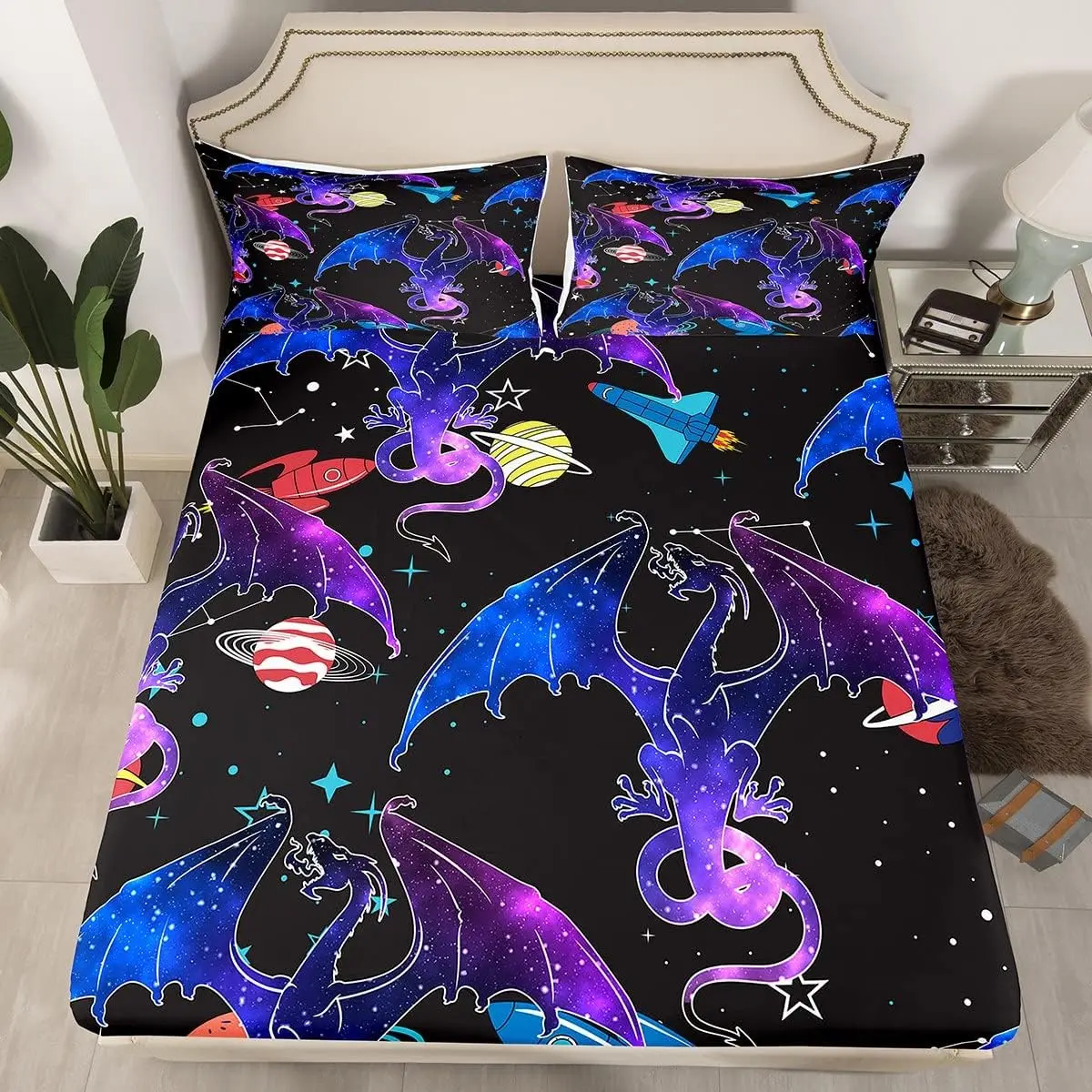 Feelyou 3D Print Galaxy Dragon Bedding Set - Vibrant Space Theme Fitted Sheet with Deep Pocket, Outer Space Starry Sky & Jungle Animals Design, Colorful Bedroom Decor, Colorful Fitted Sheets, Themed Fitted Sheets