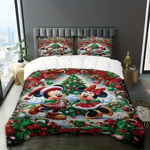 DISNEY CLASSIC MINNIE AND MICKEY MOUSE CHRISTMAS CARTOON BEDDING SET - 3PCS, INCLUDES 2 PILLOWCASES AND 1 QUILT COVER, NO CORE, ALL-SEASON COMFORT, HOLIDAY BEDDING, CARTOON CHARACTER BEDDING, DURABLE BEDDING