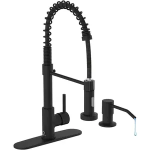 Kitchen Faucet Set, Black Kitchen Sink Faucets with Pull Down Sprayer and Soap Dispenser, Single Handle Stainless Steel Faucets for Kitchen Sinks, Farmhouse RV Faucet with Deck Plate