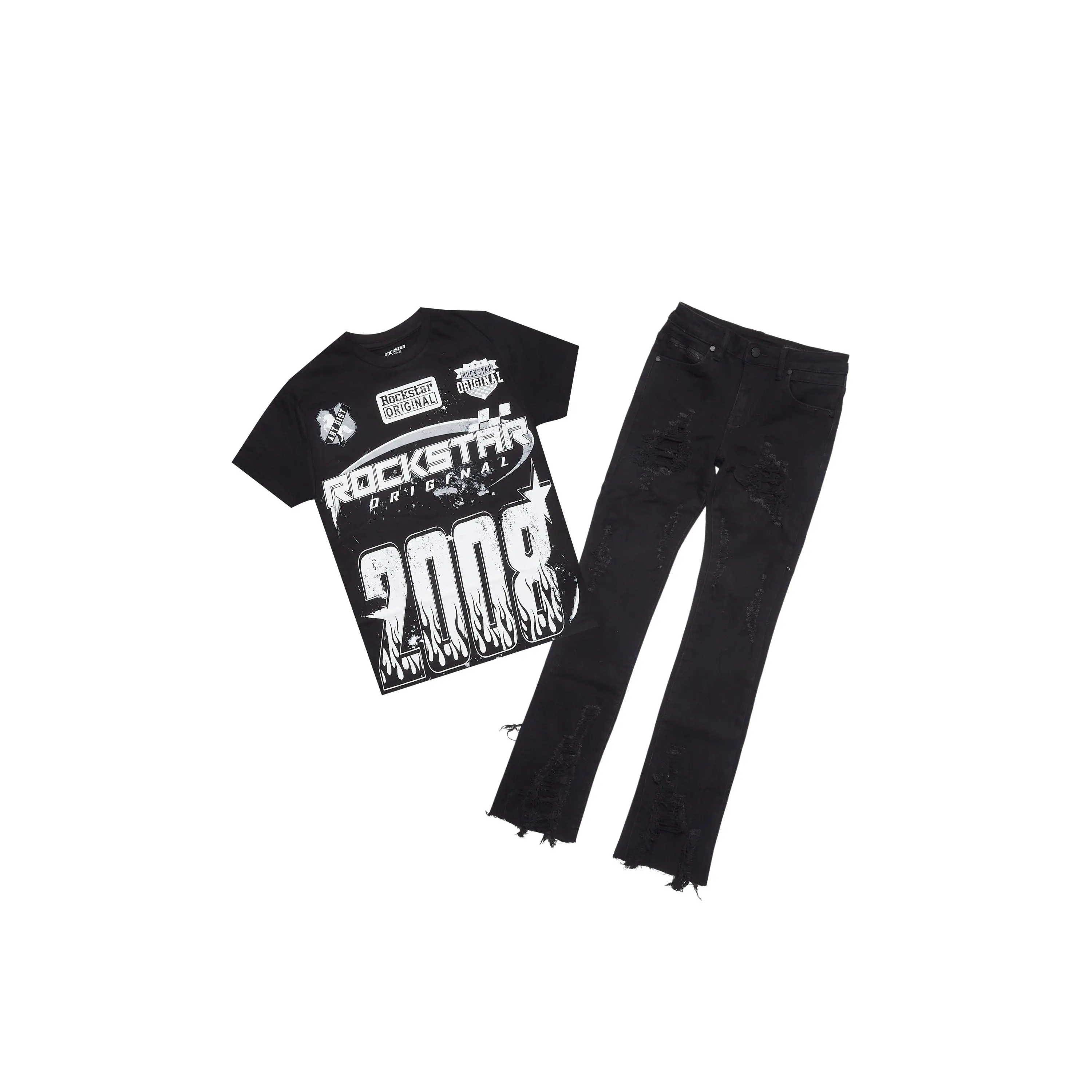 Boys Amos Black/White T-Shirt/Stacked Flare Jean Set