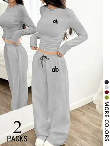 Women's Two-Piece Set, Round Neck Long Sleeve Top, Straight Leg Pants, Bow Print, Drawstring Design, Comfortable Fabric, Casual Style