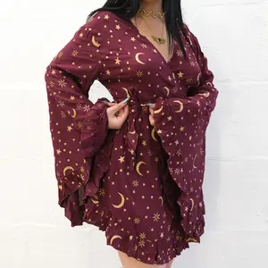 Celestial Flowy Wrap Dress, Boho Mini Dress, Whimsy Ruffle Sleeve Summer Dress, Bohemian Cosmic Dress with Pockets,  Festival Dress, Whimsical Long Dress