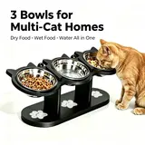 Elevated Cat Feeding Bowl Set - 2 or 3 Detachable Food Grade Stainless Steel Bowls, 15° Tilt Height-Adjustable Stand, Spill-Proof Anti-Slip Base, Easy-Clean, Neck Relief for Cats