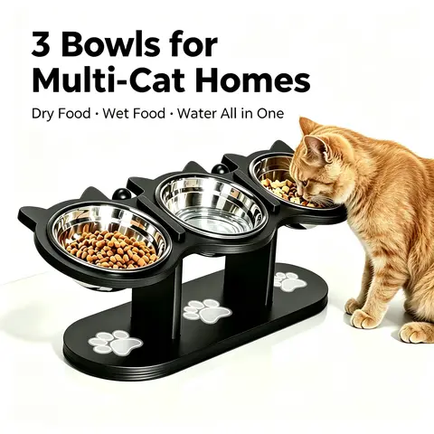 Elevated Cat Feeding Bowl Set - 2 or 3 Detachable Food Grade Stainless Steel Bowls, 15° Tilt Height-Adjustable Stand, Spill-Proof Anti-Slip Base, Easy-Clean, Neck Relief for Cats