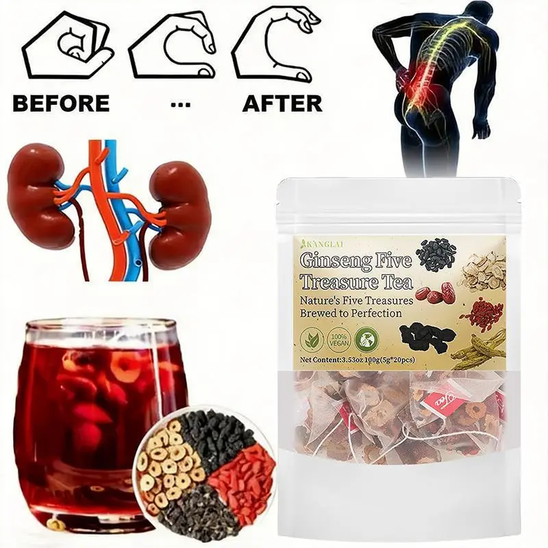 Kidney Tea Formula, 20 bags100gGinseng Five Treasures Tea Organic Kidney Cleanse Tea, Traditional Kidney Cleansing Tea, gift, Recommend to a friend Herbal Alkaline Natural Beverage