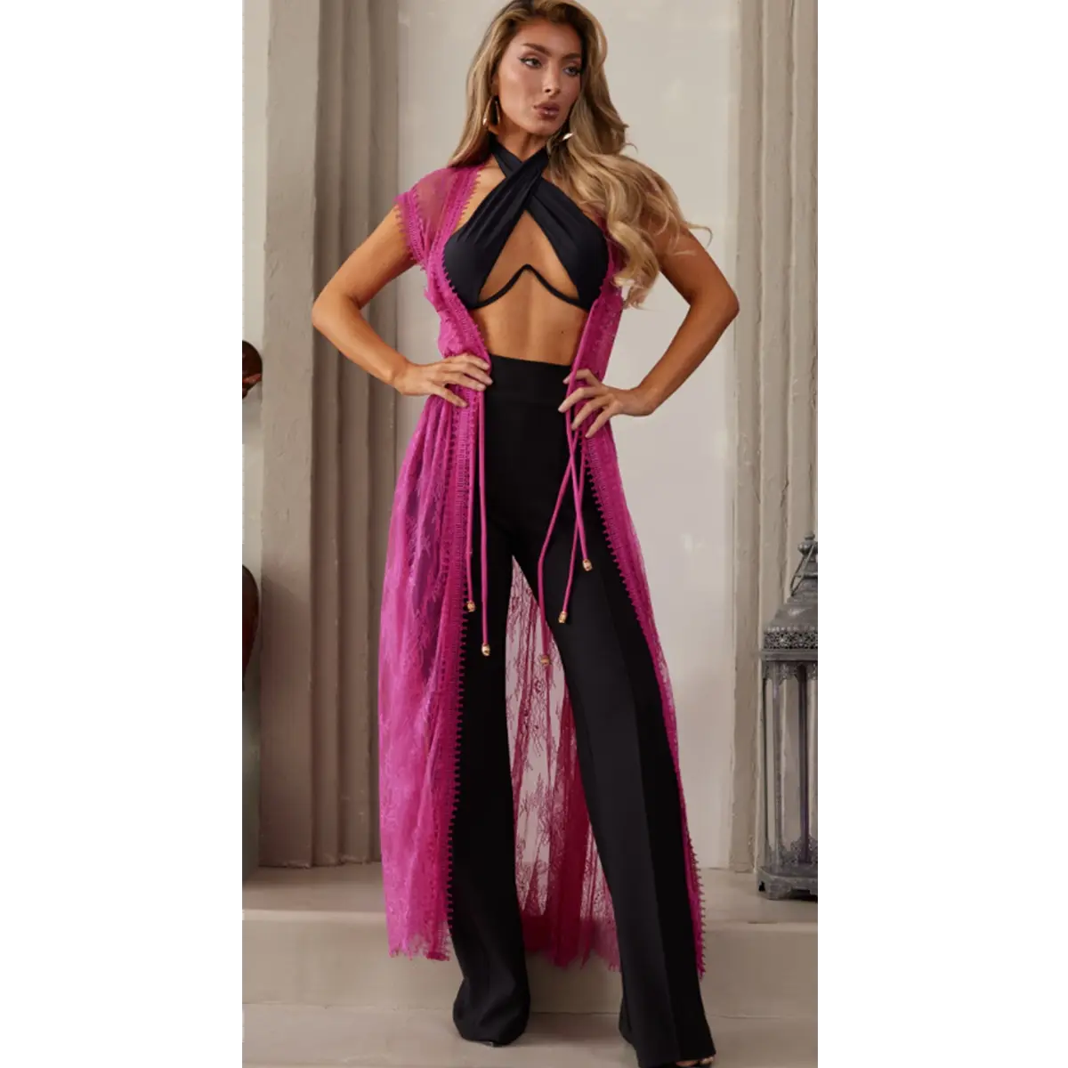 MAXI LACE AND CROCHET GARDIGAN -TIE DETAIL IN THE FRONT