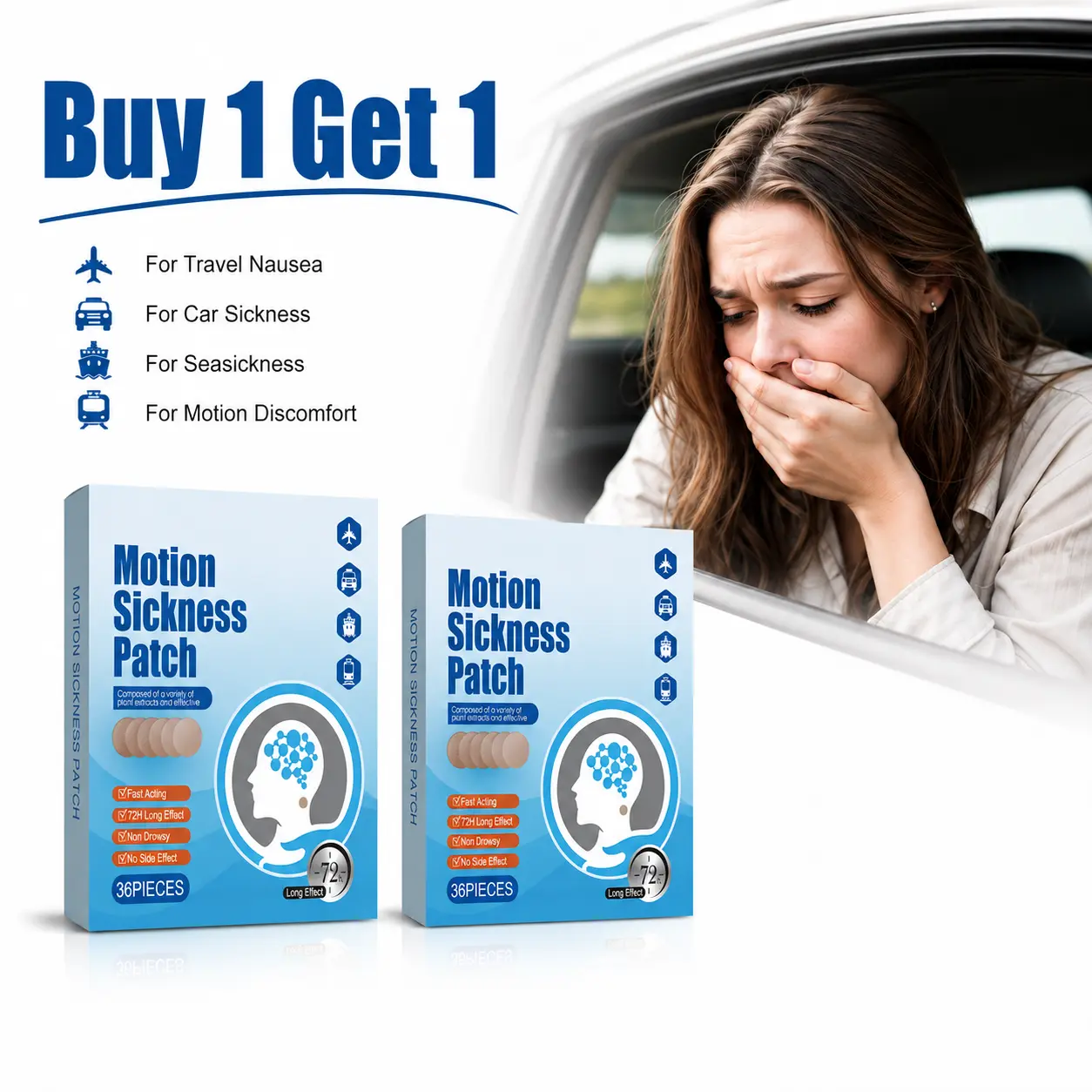 【Buy 1 Get 1】Motion Sickness Patch, Non Drowsy SeaSickness paste Behind Ear Ship Travel, Waterproof Car Sick Stickers for Car, Train, Plane, Travel Anti Nausea Non-Drowsy, Calming Kids Adults Safe, 72Hrs Long Lasting Plasters, Non-Toxic, Soothing