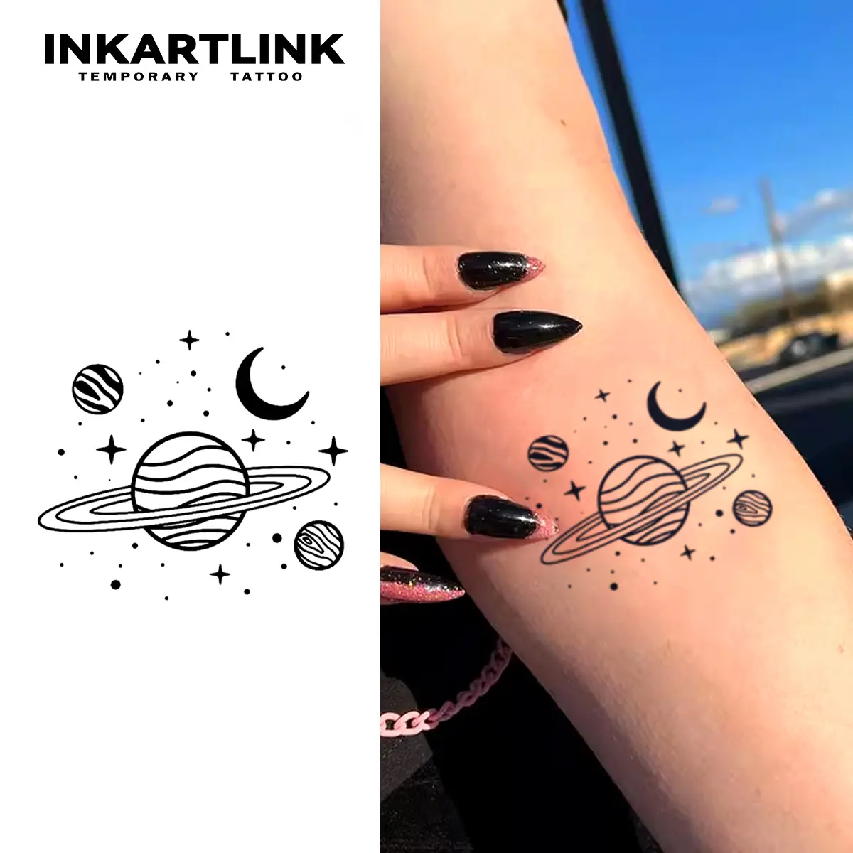 INKARTLINK Orbital Mirage Series Small Semi-Permanent Fake Tattoo Stickers - 2 Sheets Planet Design, Adult Art, Waterproof, Realistic, No Adhesive/Reflection, 1-2 Weeks Long-Lasting