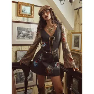 Cider [size 0-26] Wool-look V-neck Oil Painting Applique Mini Dress