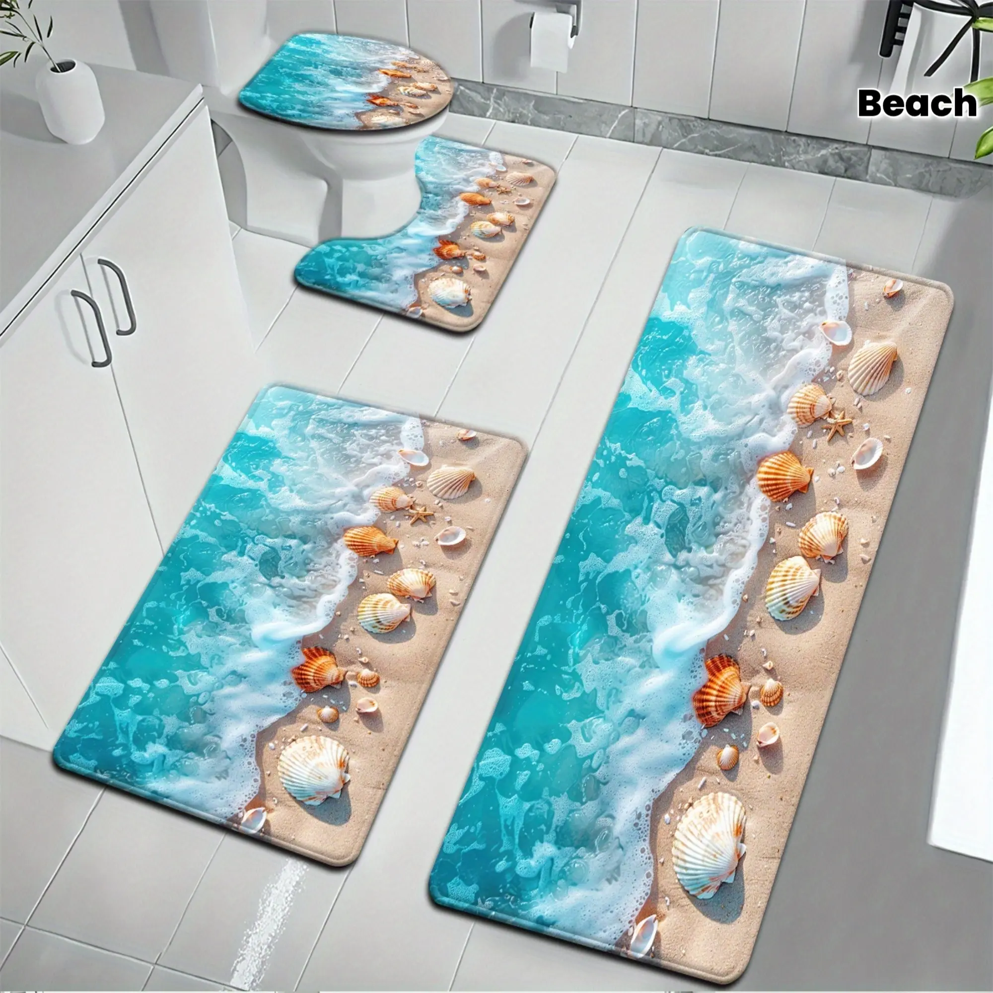 4Pcs Coastal Bathroom Rugs Set, Orange Seashell & Ocean Wave Pattern Bath Mats, Toilet Lid Cover, U-Shaped Floor Mat, Non-Slip Bathroom Decor, Beach-Themed Home Accessories,water,rubber,shower,bathtub mat,Suction,absorbent,super,nonslip,Cotton,foot,tapete