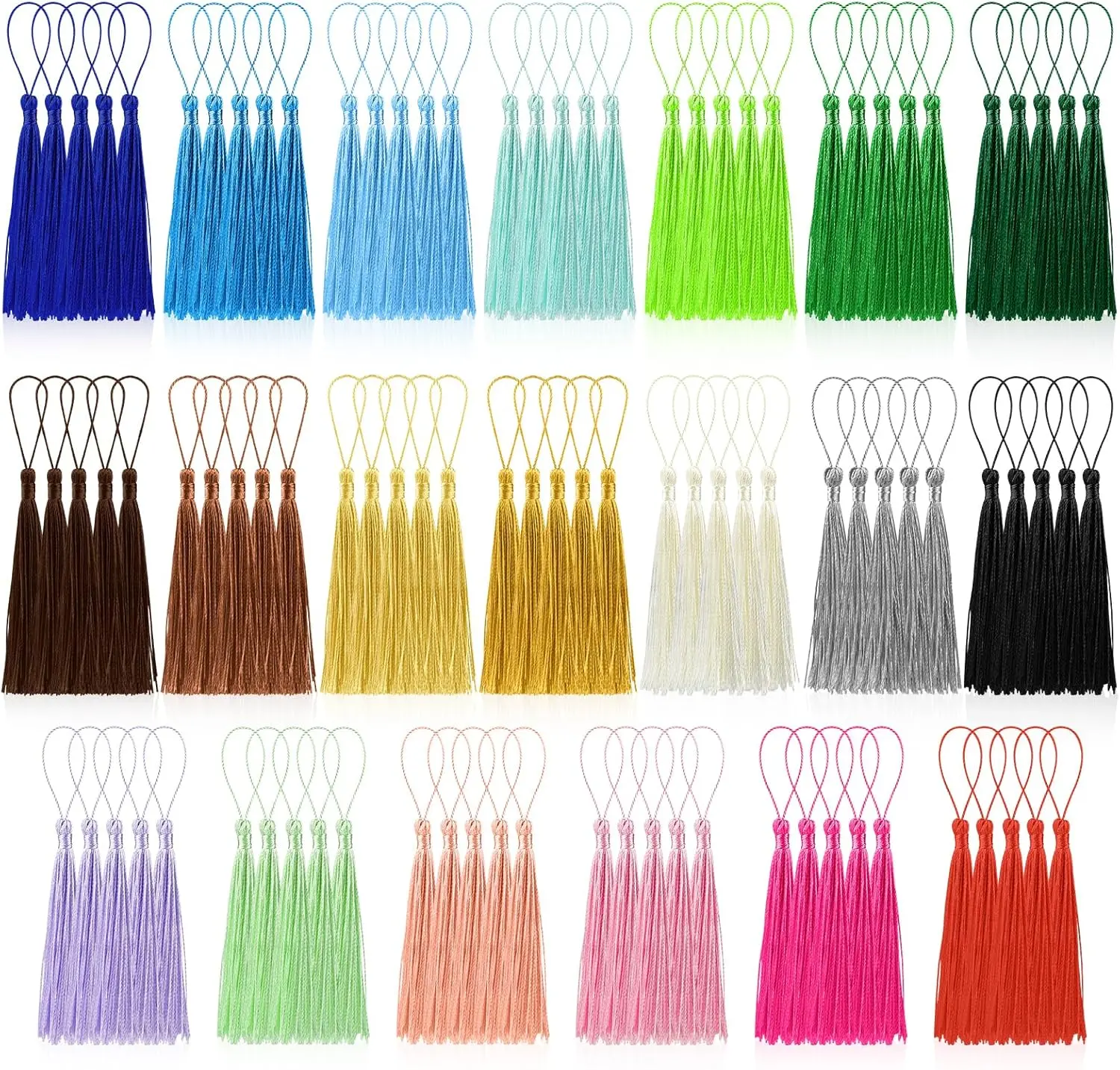Soft Silky Mini Tassels (100 Pcs Bulk, 20 Colors, 13cm Length, 5cm Ring), Handmade Craft Tassels with Loops, Sewing & Haberdashery Accessory for DIY Crafts, Bookmark Use