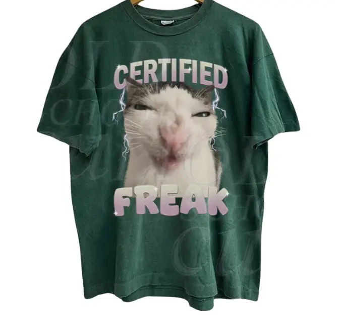 Certified Freak Cat Meme Graphic T-Shirt, Vintage Funny Cat Expression Graphic Tee, Cute Kitty Meme Unisex Retro Top,Fun Pet Humor Gifts Menswear Unde